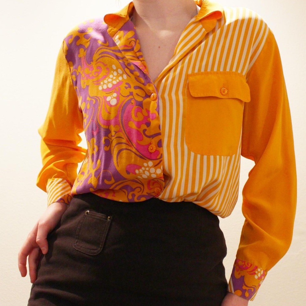 Vintage Koos Of Course Orange Colorful Patterned Collar Shirt 100% Silk Size M